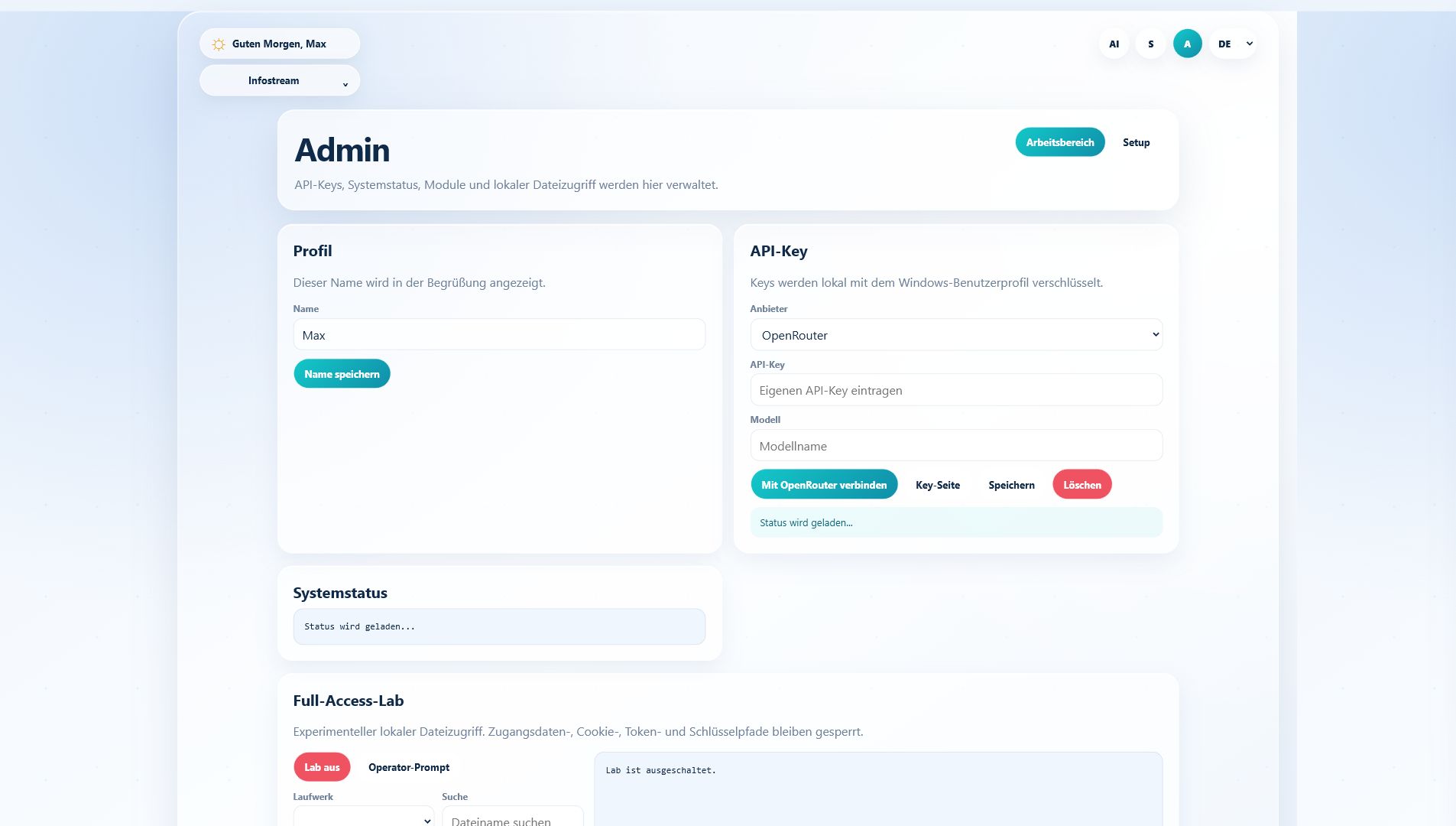 KernWeise AI Admin-Bereich mit API-Key und Systemstatus
